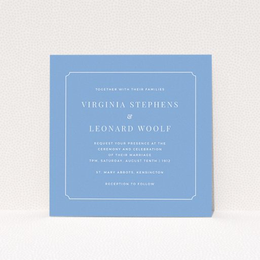 A personalised wedding invitation design called "Classic face". It is a square (148mm x 148mm) invite in a square orientation. "Classic face" is available as a flat invite, with tones of blue and white.