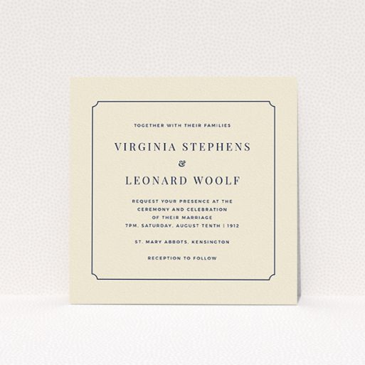 A personalised wedding invitation design named "Classic face". It is a square (148mm x 148mm) invite in a square orientation. "Classic face" is available as a flat invite, with tones of cream and navy blue.
