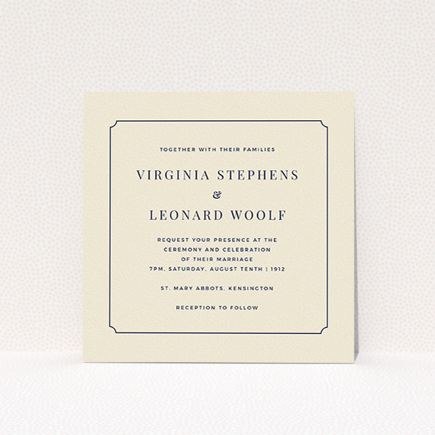 A personalised wedding invitation design named "Classic face". It is a square (148mm x 148mm) invite in a square orientation. "Classic face" is available as a flat invite, with tones of cream and navy blue.