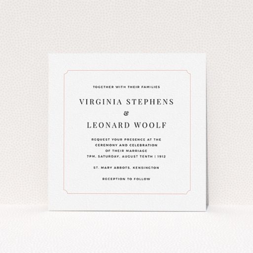 A personalised wedding invitation design called "Classic face". It is a square (148mm x 148mm) invite in a square orientation. "Classic face" is available as a flat invite, with tones of white and pink.