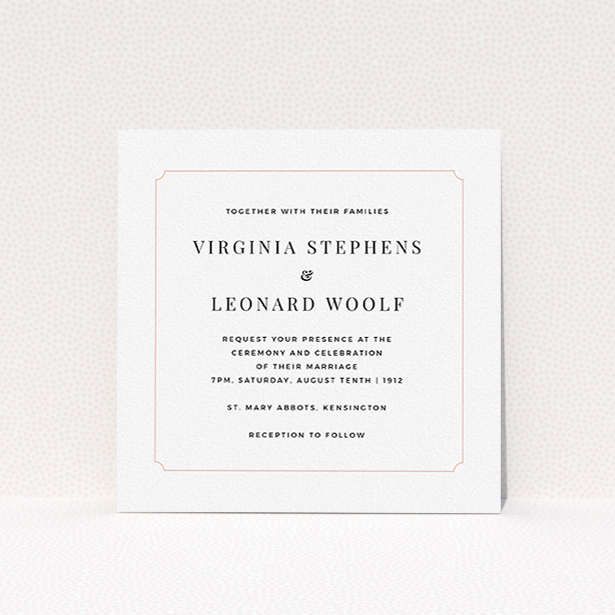 A personalised wedding invitation design called "Classic face". It is a square (148mm x 148mm) invite in a square orientation. "Classic face" is available as a flat invite, with tones of white and pink.