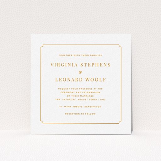 A personalised wedding invitation template titled "Classic face". It is a square (148mm x 148mm) invite in a square orientation. "Classic face" is available as a flat invite, with tones of white and orange.
