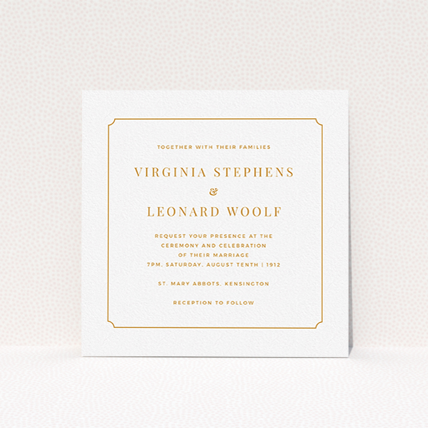 A personalised wedding invitation template titled "Classic face". It is a square (148mm x 148mm) invite in a square orientation. "Classic face" is available as a flat invite, with tones of white and orange.