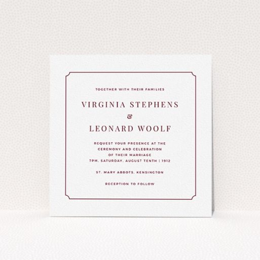 A personalised wedding invitation named "Classic face". It is a square (148mm x 148mm) invite in a square orientation. "Classic face" is available as a flat invite, with tones of white and burgundy.