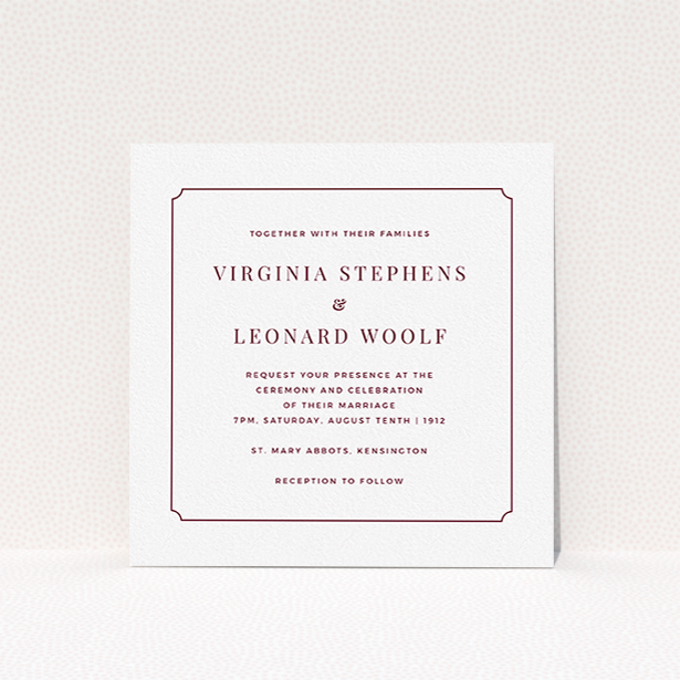 A personalised wedding invitation named "Classic face". It is a square (148mm x 148mm) invite in a square orientation. "Classic face" is available as a flat invite, with tones of white and burgundy.