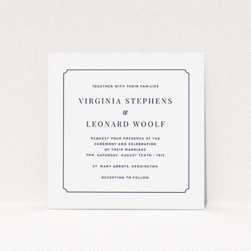 A personalised wedding invitation called "Classic face". It is a square (148mm x 148mm) invite in a square orientation. "Classic face" is available as a flat invite, with mainly white colouring.