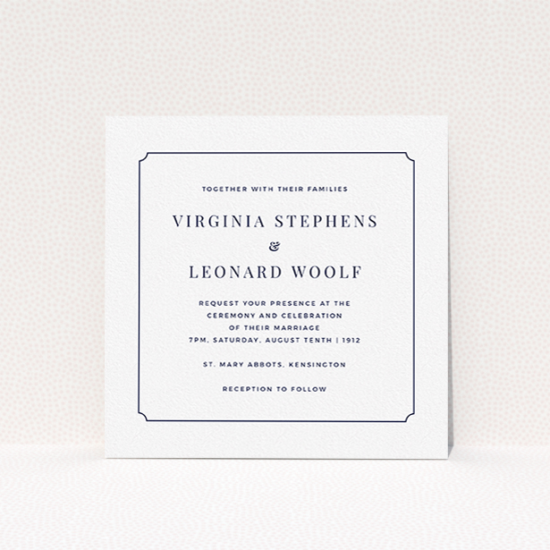 A personalised wedding invitation called "Classic face". It is a square (148mm x 148mm) invite in a square orientation. "Classic face" is available as a flat invite, with mainly white colouring.