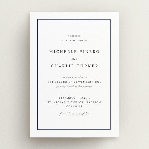A personalised wedding invitation design called "Classic Frame". It is an A5 invite in a portrait orientation. "Classic Frame" is available as a flat invite, with mainly white colouring.