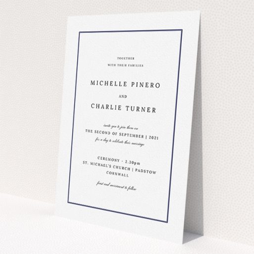 A personalised wedding invitation design called 'Classic Frame'. It is an A5 invite in a portrait orientation. 'Classic Frame' is available as a flat invite, with mainly white colouring.