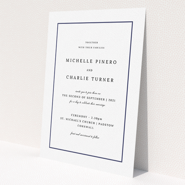 A personalised wedding invitation design called "Classic Frame". It is an A5 invite in a portrait orientation. "Classic Frame" is available as a flat invite, with mainly white colouring.