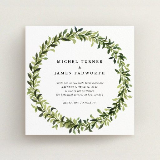 A personalised wedding invitation called "Classic Green Wreath". It is a square (148mm x 148mm) invite in a square orientation. "Classic Green Wreath" is available as a flat invite, with tones of light green and dark green.