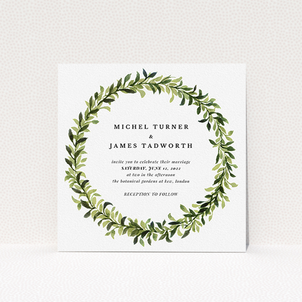 A personalised wedding invitation called "Classic Green Wreath". It is a square (148mm x 148mm) invite in a square orientation. "Classic Green Wreath" is available as a flat invite, with tones of light green and dark green.
