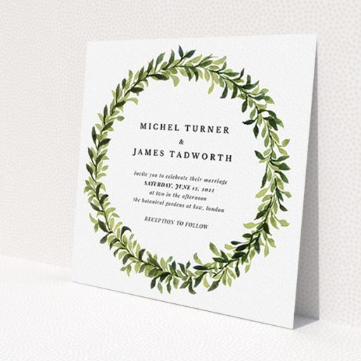 A personalised wedding invitation called 'Classic Green Wreath'. It is a square (148mm x 148mm) invite in a square orientation. 'Classic Green Wreath' is available as a flat invite, with tones of light green and dark green.