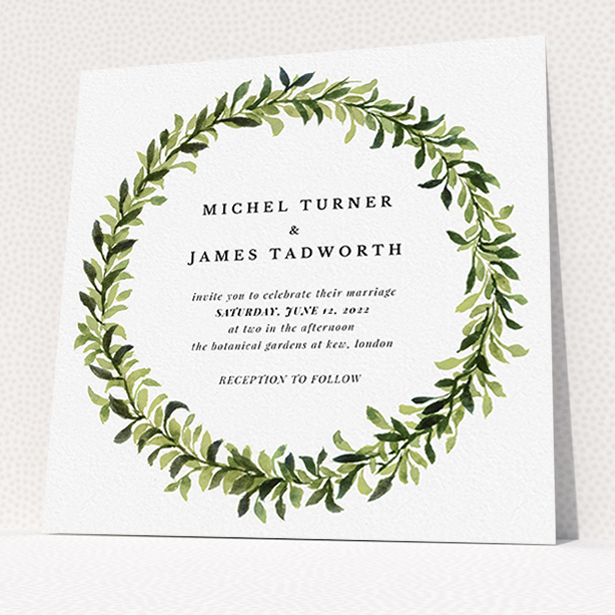 A personalised wedding invitation called "Classic Green Wreath". It is a square (148mm x 148mm) invite in a square orientation. "Classic Green Wreath" is available as a flat invite, with tones of light green and dark green.