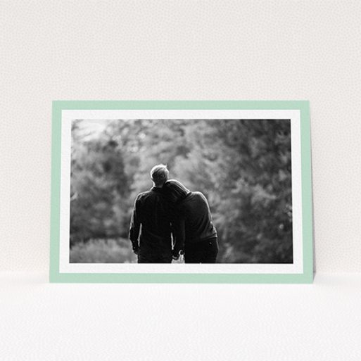 A personalised wedding invitation design named "Classic Mint Photo Frame". It is an A6 invite in a landscape orientation. It is a photographic personalised wedding invitation with room for 1 photo. "Classic Mint Photo Frame" is available as a flat invite, with tones of green and white.