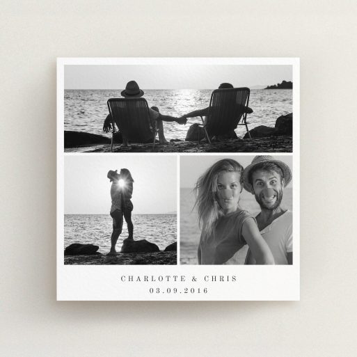 A personalised wedding invitation template titled "Classic Tryptic". It is a square (148mm x 148mm) invite in a square orientation. It is a photographic personalised wedding invitation with room for 3 photos. "Classic Tryptic" is available as a flat invite, with mainly white colouring.