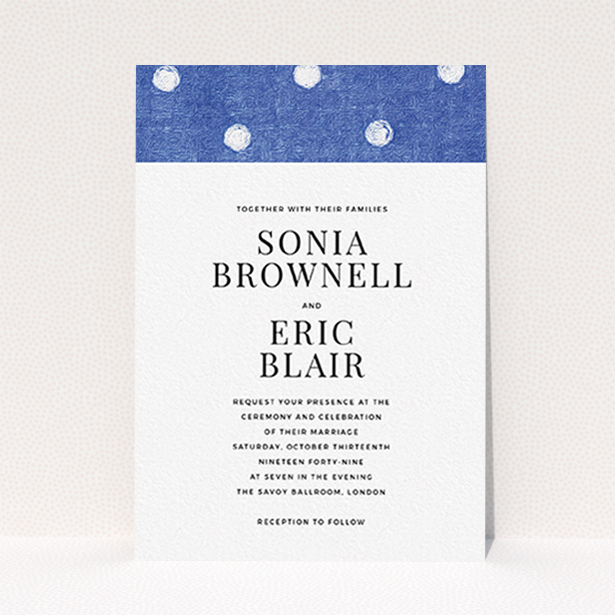 A personalised wedding invitation named "Cloth polkadots". It is an A6 invite in a portrait orientation. "Cloth polkadots" is available as a flat invite, with tones of blue and white.