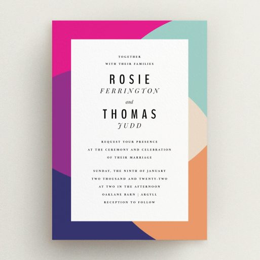 A personalised wedding invitation design titled "Concentric". It is an A5 invite in a portrait orientation. "Concentric" is available as a flat invite, with tones of white and pink.