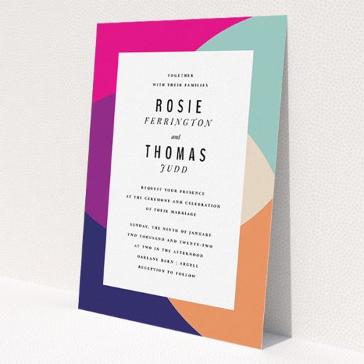 A personalised wedding invitation design titled 'Concentric'. It is an A5 invite in a portrait orientation. 'Concentric' is available as a flat invite, with tones of white and pink.
