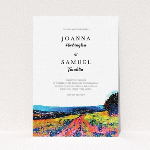 A personalised wedding invitation design titled "Country Road". It is an A6 invite in a portrait orientation. "Country Road" is available as a flat invite, with tones of white, blue and deep orange.