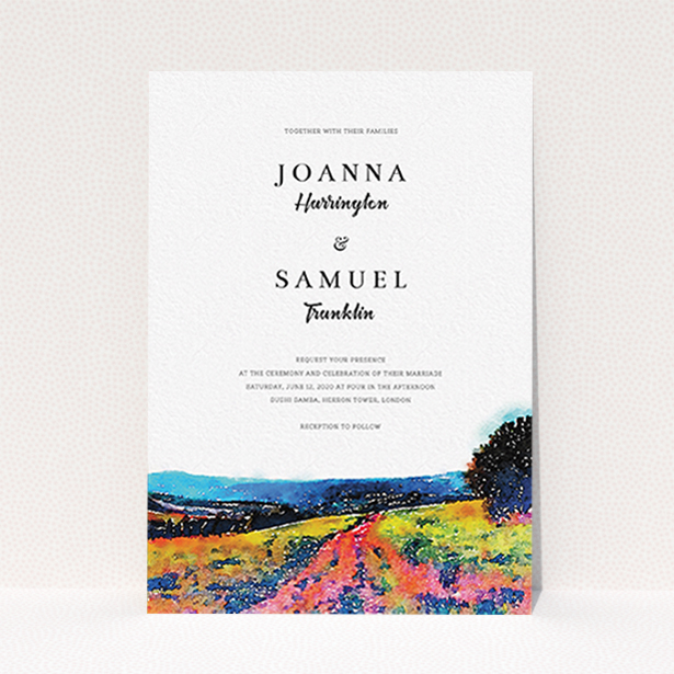 A personalised wedding invitation design titled "Country Road". It is an A6 invite in a portrait orientation. "Country Road" is available as a flat invite, with tones of white, blue and deep orange.
