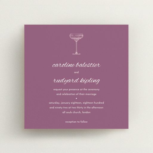 A personalised wedding invitation design named "Coupe". It is a square (148mm x 148mm) invite in a square orientation. "Coupe" is available as a flat invite, with mainly purple/dark pink colouring.