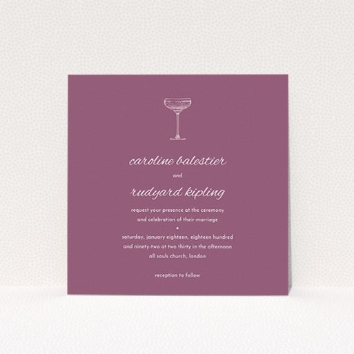 A personalised wedding invitation design named "Coupe". It is a square (148mm x 148mm) invite in a square orientation. "Coupe" is available as a flat invite, with mainly purple/dark pink colouring.
