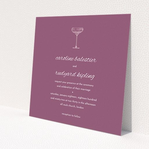 A personalised wedding invitation design named 'Coupe'. It is a square (148mm x 148mm) invite in a square orientation. 'Coupe' is available as a flat invite, with mainly purple/dark pink colouring.