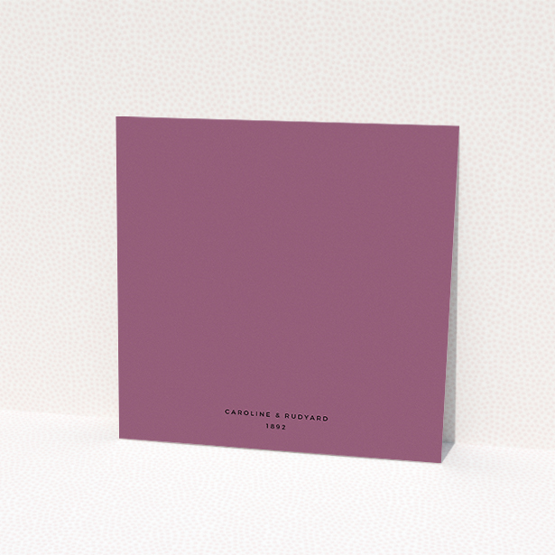 A personalised wedding invitation design named "Coupe". It is a square (148mm x 148mm) invite in a square orientation. "Coupe" is available as a flat invite, with mainly purple/dark pink colouring.
