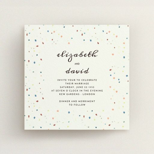 A personalised wedding invitation called "Crayon splinters". It is a square (148mm x 148mm) invite in a square orientation. "Crayon splinters" is available as a flat invite, with tones of pale cream and orange.