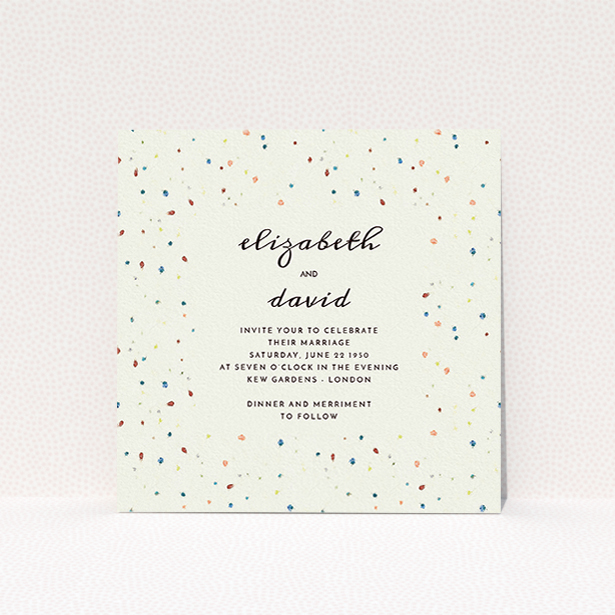 A personalised wedding invitation called "Crayon splinters". It is a square (148mm x 148mm) invite in a square orientation. "Crayon splinters" is available as a flat invite, with tones of pale cream and orange.