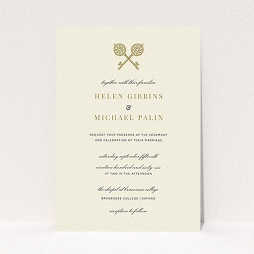 A personalised wedding invitation design titled "Cross Keys". It is an A6 invite in a portrait orientation. "Cross Keys" is available as a flat invite, with tones of cream and gold.