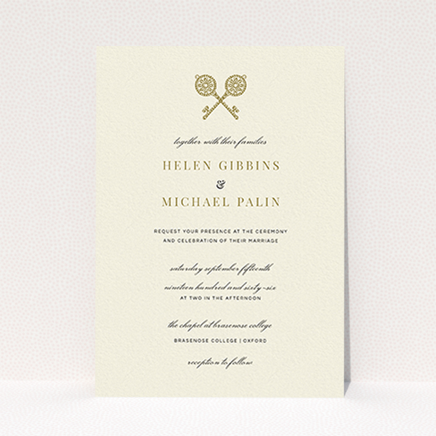 A personalised wedding invitation design titled "Cross Keys". It is an A6 invite in a portrait orientation. "Cross Keys" is available as a flat invite, with tones of cream and gold.