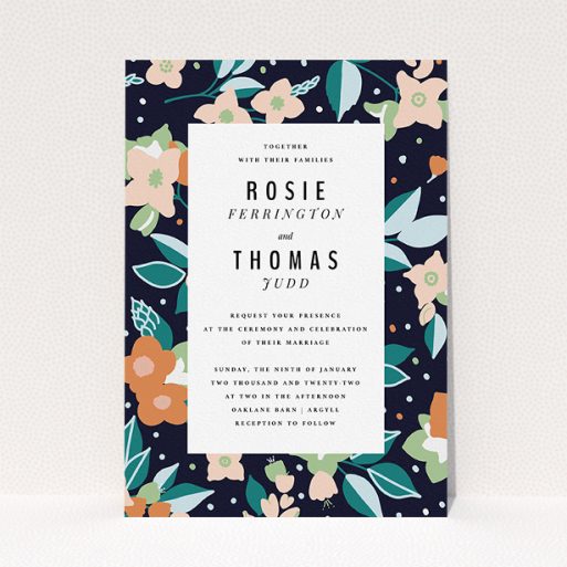 A personalised wedding invitation design named "Dark Garden". It is an A5 invite in a portrait orientation. "Dark Garden" is available as a flat invite, with tones of navy blue, pink and orange.