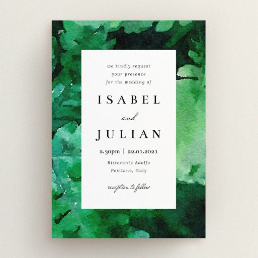 A personalised wedding invitation design called "Dark Jungle". It is an A5 invite in a portrait orientation. "Dark Jungle" is available as a flat invite, with tones of green and white.