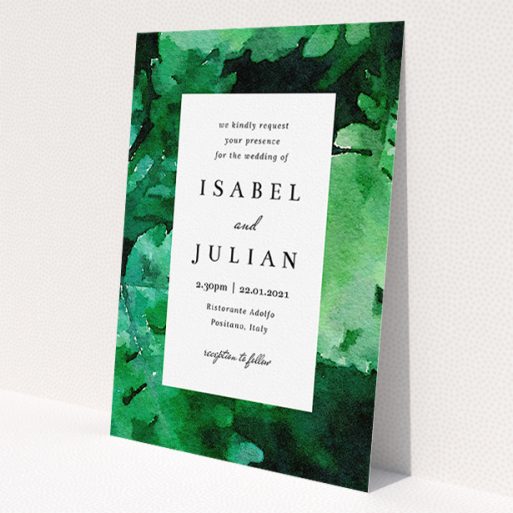 A personalised wedding invitation design called 'Dark Jungle'. It is an A5 invite in a portrait orientation. 'Dark Jungle' is available as a flat invite, with tones of green and white.