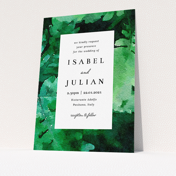 A personalised wedding invitation design called "Dark Jungle". It is an A5 invite in a portrait orientation. "Dark Jungle" is available as a flat invite, with tones of green and white.