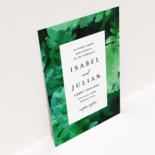 A personalised wedding invitation design called "Dark Jungle". It is an A5 invite in a portrait orientation. "Dark Jungle" is available as a flat invite, with tones of green and white.