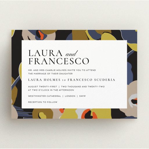 A personalised wedding invitation design called "Deco Blooms". It is an A5 invite in a landscape orientation. "Deco Blooms" is available as a flat invite, with tones of black and dark gold.