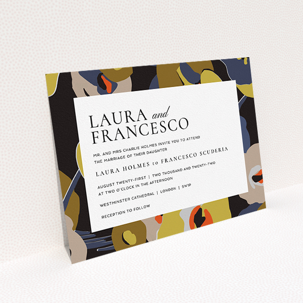 A personalised wedding invitation design called "Deco Blooms". It is an A5 invite in a landscape orientation. "Deco Blooms" is available as a flat invite, with tones of black and dark gold.