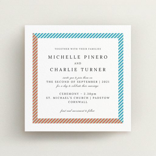 A personalised wedding invitation called "Diagonal Frame". It is a square (148mm x 148mm) invite in a square orientation. "Diagonal Frame" is available as a flat invite, with tones of white and light blue.