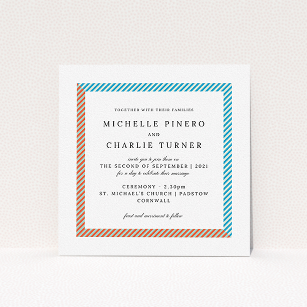 A personalised wedding invitation called "Diagonal Frame". It is a square (148mm x 148mm) invite in a square orientation. "Diagonal Frame" is available as a flat invite, with tones of white and light blue.