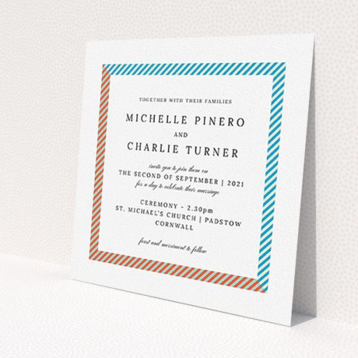 A personalised wedding invitation called 'Diagonal Frame'. It is a square (148mm x 148mm) invite in a square orientation. 'Diagonal Frame' is available as a flat invite, with tones of white and light blue.