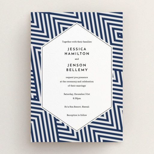 A personalised wedding invitation design called "Diamond scratch". It is an A5 invite in a portrait orientation. "Diamond scratch" is available as a flat invite, with tones of blue and white.