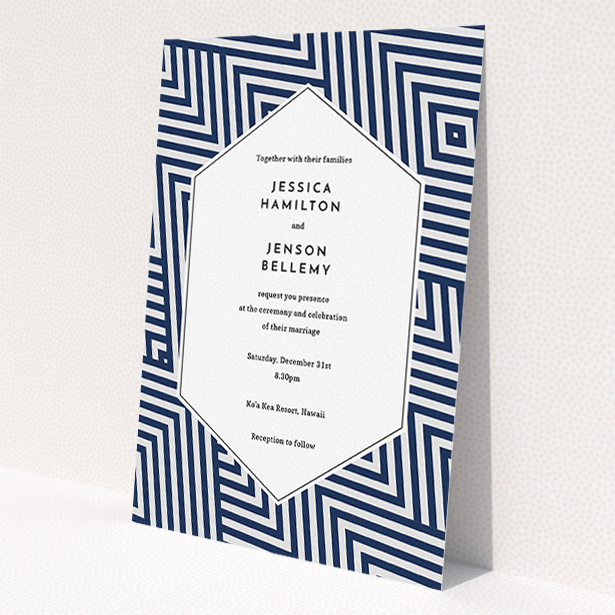 A personalised wedding invitation design called "Diamond scratch". It is an A5 invite in a portrait orientation. "Diamond scratch" is available as a flat invite, with tones of blue and white.