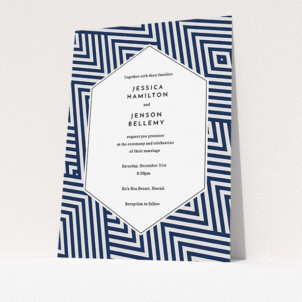 A personalised wedding invitation design called "Diamond scratch". It is an A5 invite in a portrait orientation. "Diamond scratch" is available as a flat invite, with tones of blue and white.