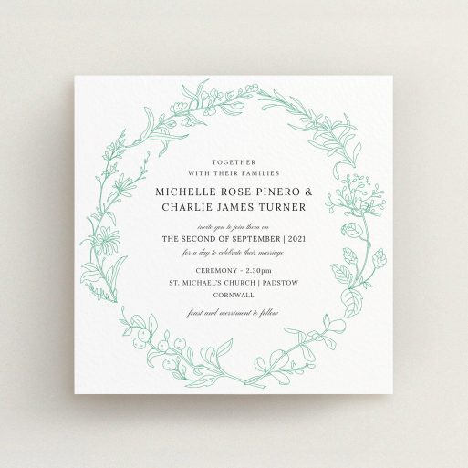 A personalised wedding invitation named "Drawn Botanics". It is a square (148mm x 148mm) invite in a square orientation. "Drawn Botanics" is available as a flat invite, with tones of green and white.