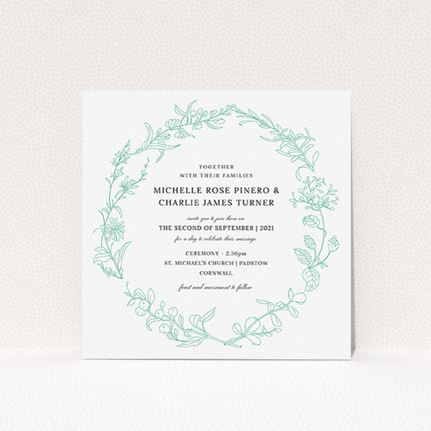 A personalised wedding invitation named "Drawn Botanics". It is a square (148mm x 148mm) invite in a square orientation. "Drawn Botanics" is available as a flat invite, with tones of green and white.
