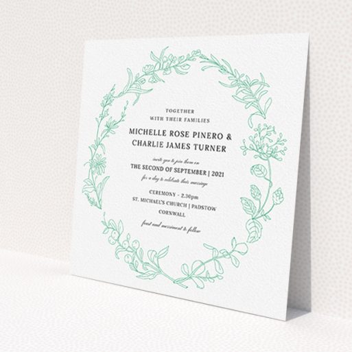 A personalised wedding invitation named 'Drawn Botanics'. It is a square (148mm x 148mm) invite in a square orientation. 'Drawn Botanics' is available as a flat invite, with tones of green and white.