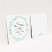 A personalised wedding invitation named "Drawn Botanics". It is a square (148mm x 148mm) invite in a square orientation. "Drawn Botanics" is available as a flat invite, with tones of green and white.